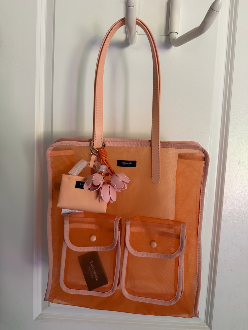 kate spade breezy light cantaloupe Mesh Tote with Floral Charm Accent